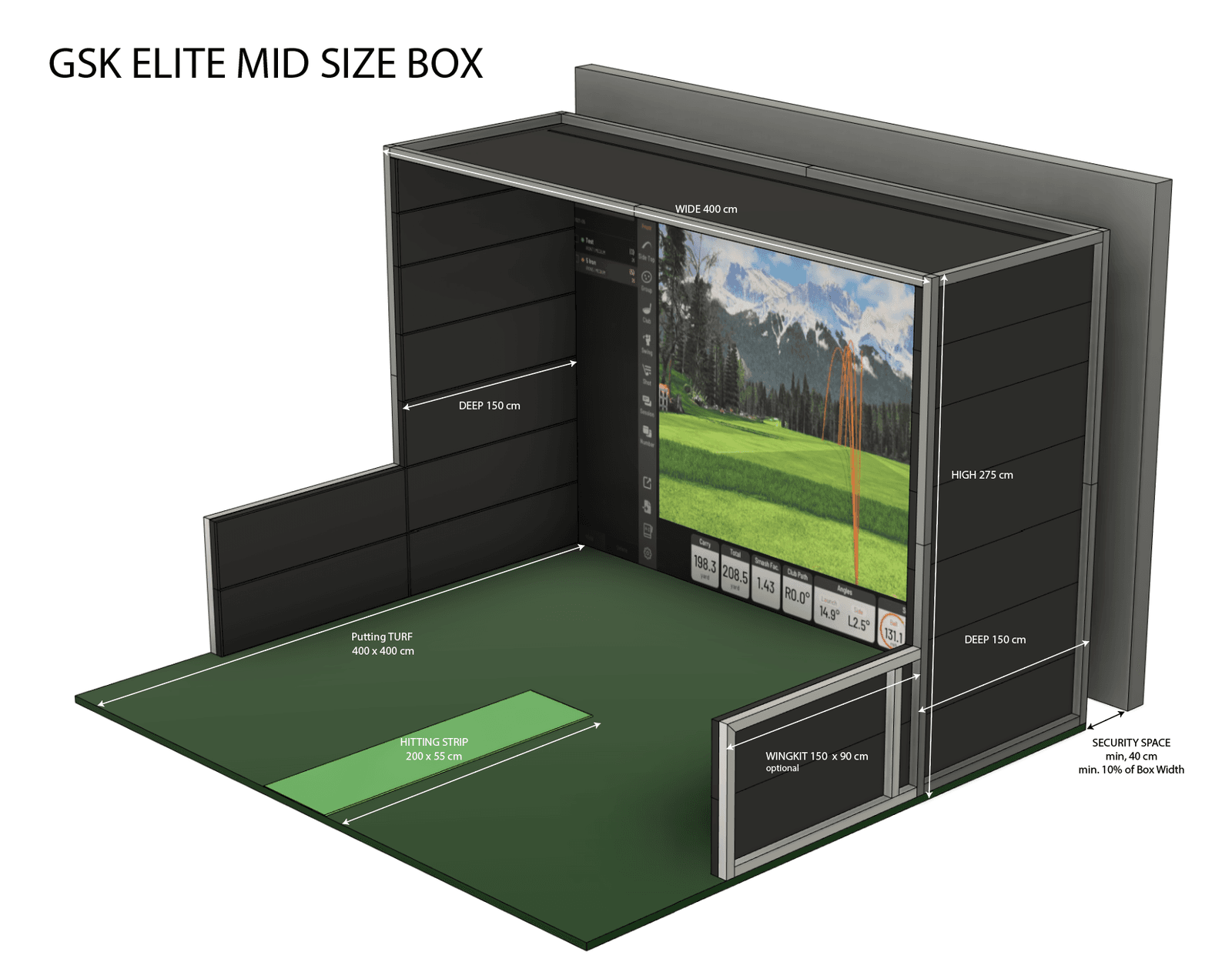 GSK Indoor-Golf Raumbedarf, 3D-Perspektive mit eingezeichneten Mindestmaßen